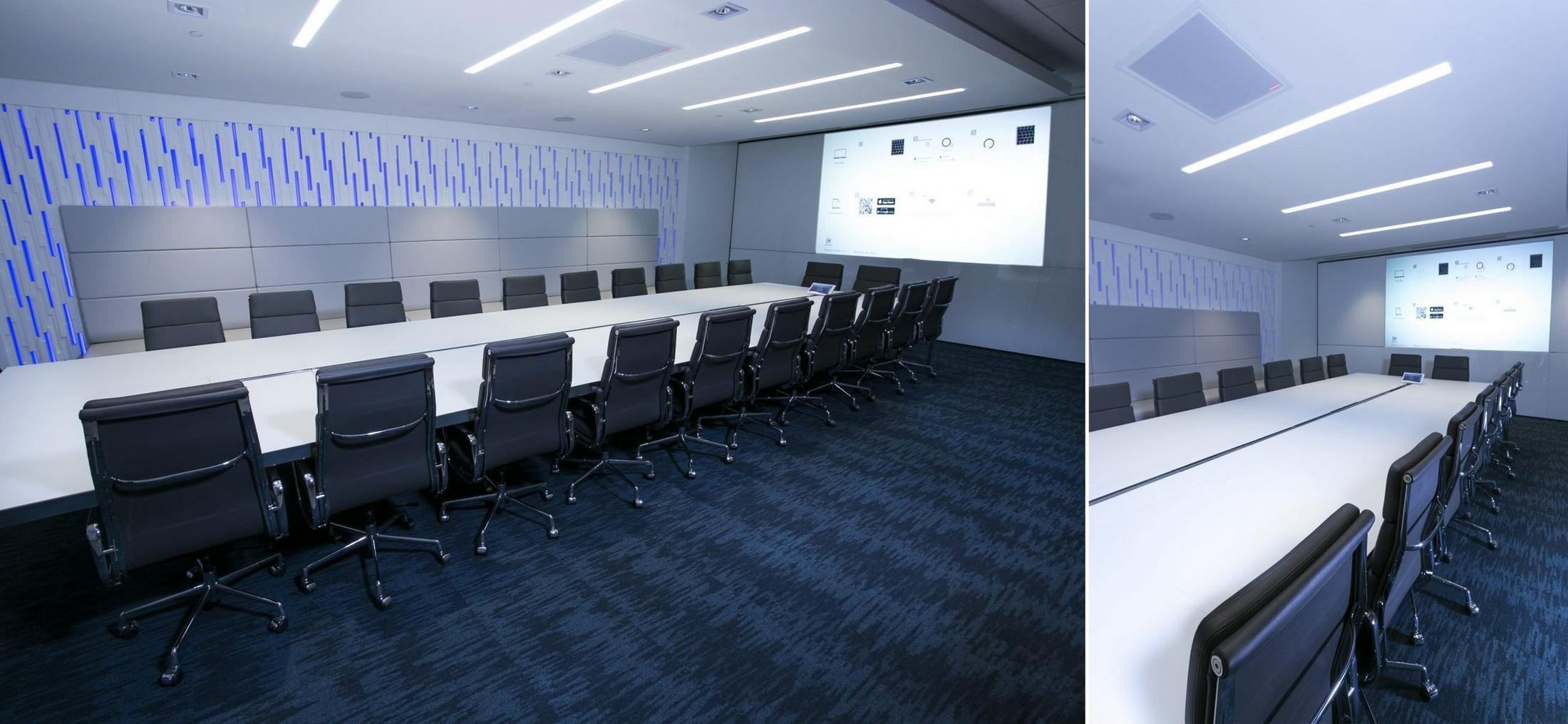 two pictures of a conference room with a projector and a screen